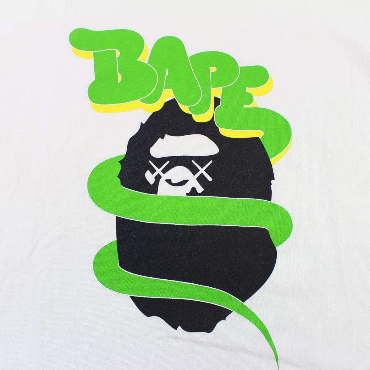Bape x Kaws Big Ape Logo Green Text LS White - SaruGeneral