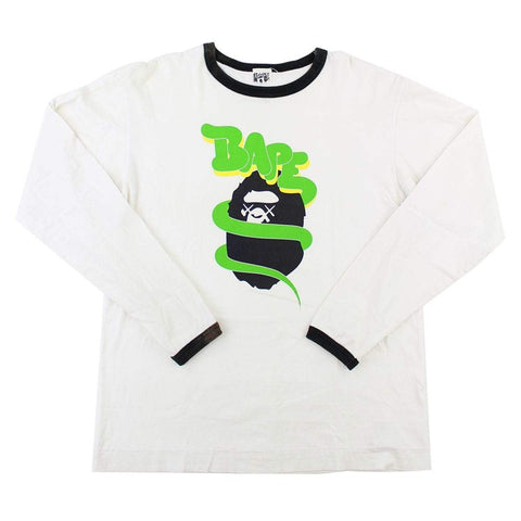 Bape x Kaws Big Ape Logo Texte Vert LS Blanc