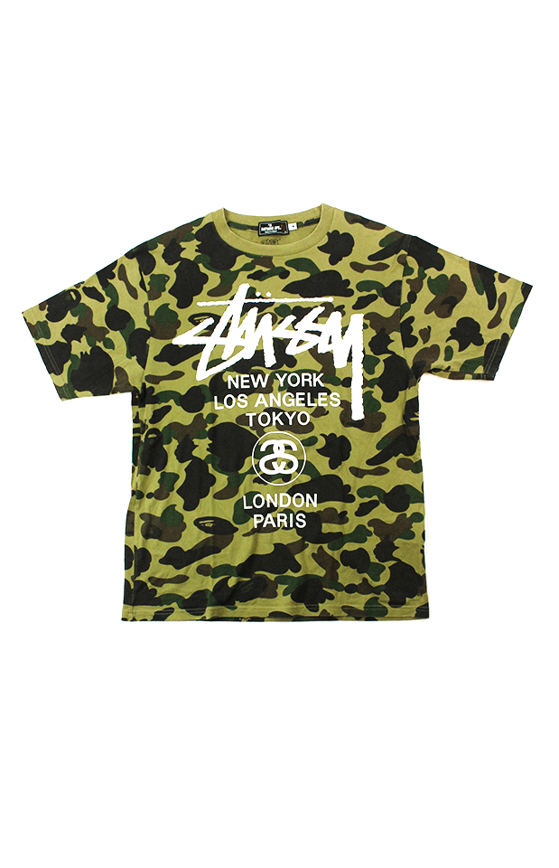 Bape x Stussy White Logo Tee 1st Green Camo - SaruGeneral