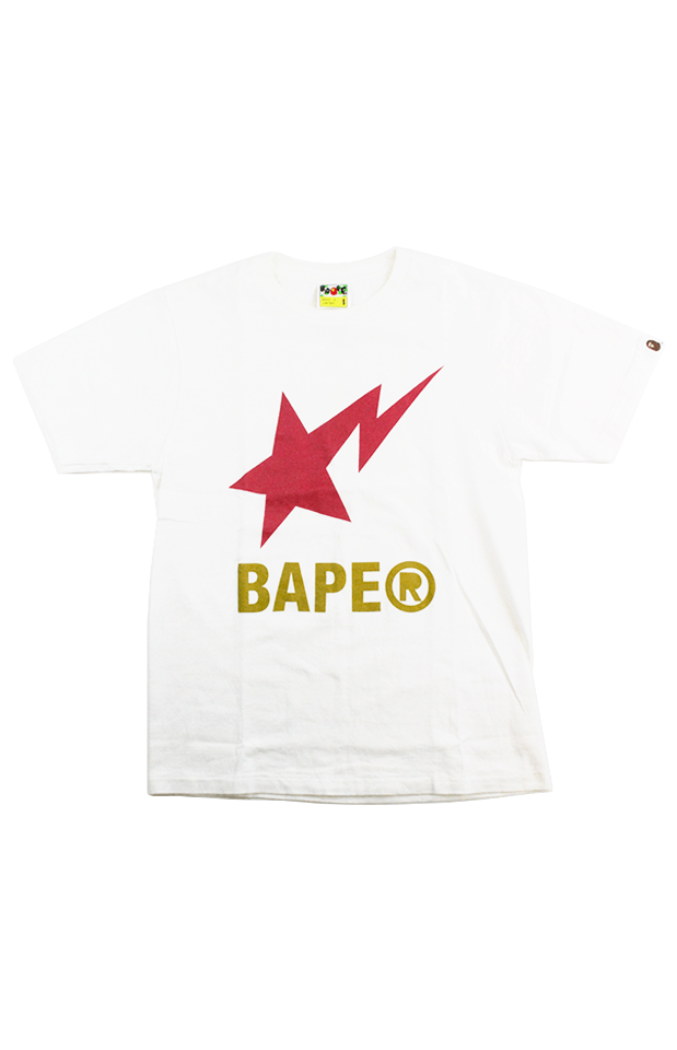 Bapesta Red Star Text Gold Tee White - SaruGeneral