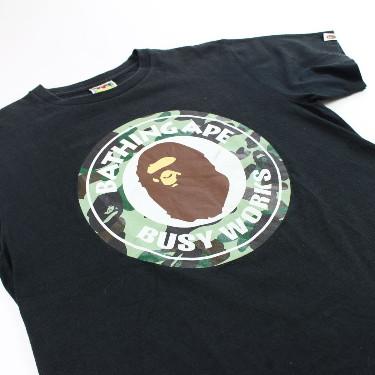 Bape 1st Green Camo Busy Works Logo Tee Black - SaruGeneral