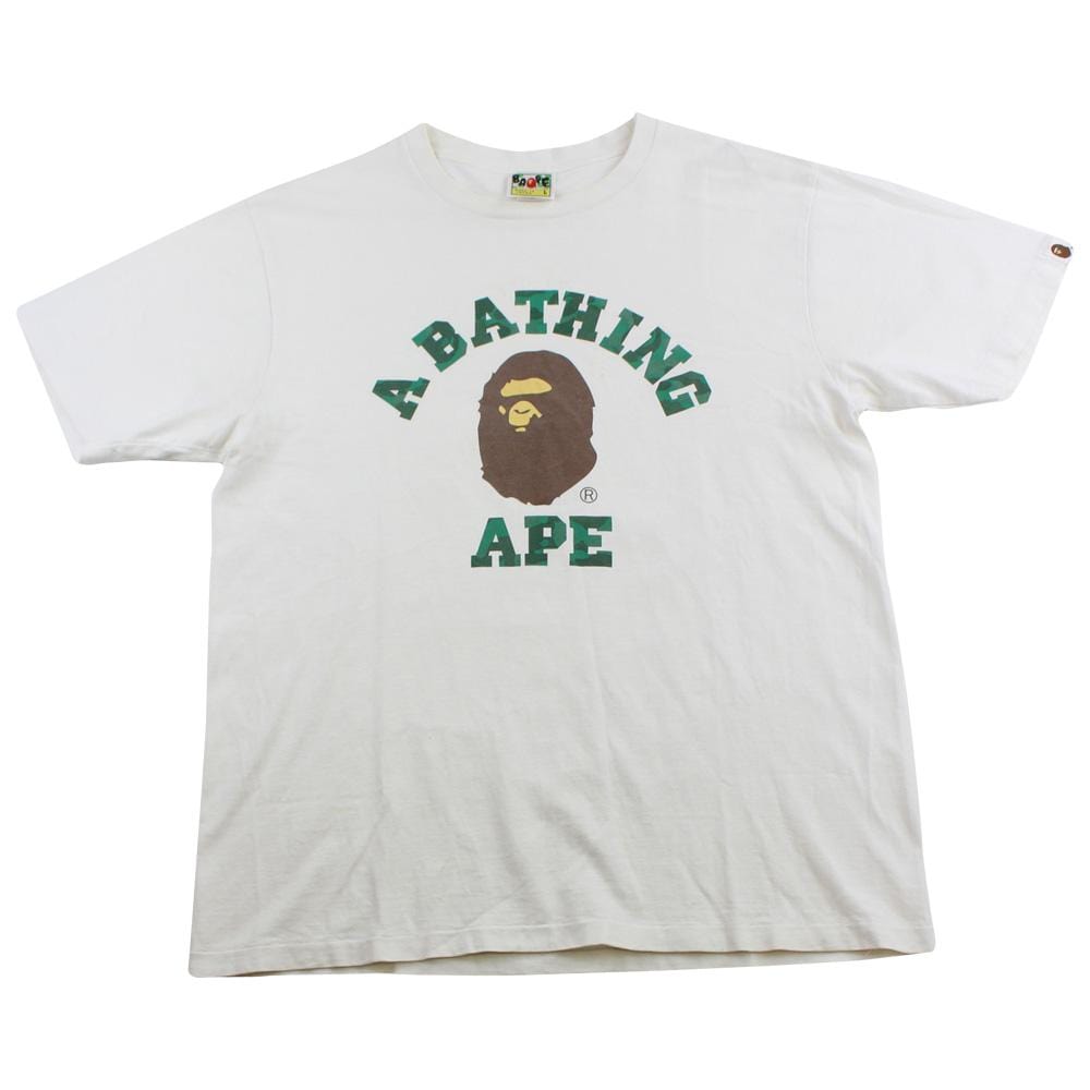 Bape Green Camo Text College Logo Tee White - SaruGeneral