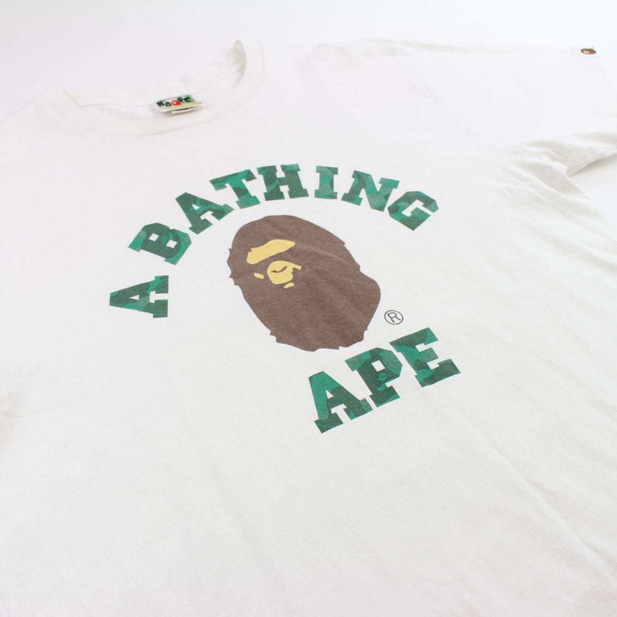 Bape Green Camo Text College Logo Tee White - SaruGeneral