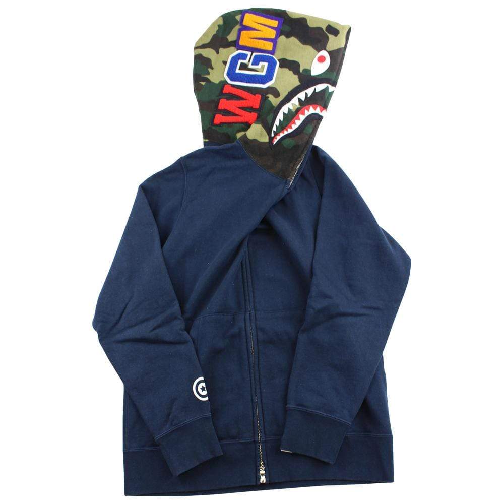 Bape 1st Green Camo woodland Shark Hoodie Navy - SaruGeneral