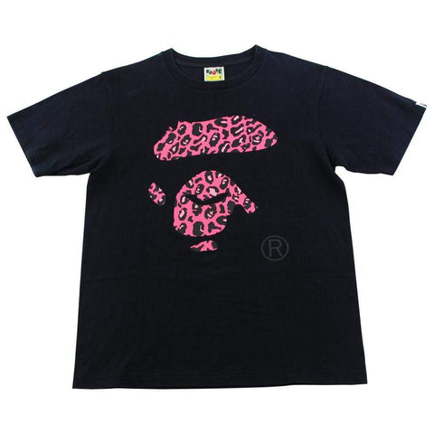 Bape Pink Leopard Print Ape Face Tee Black