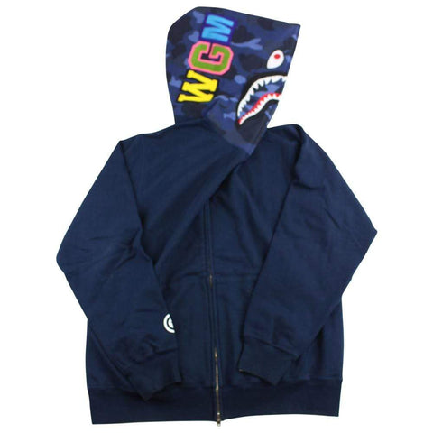 bape navy blue camo shark hoodie