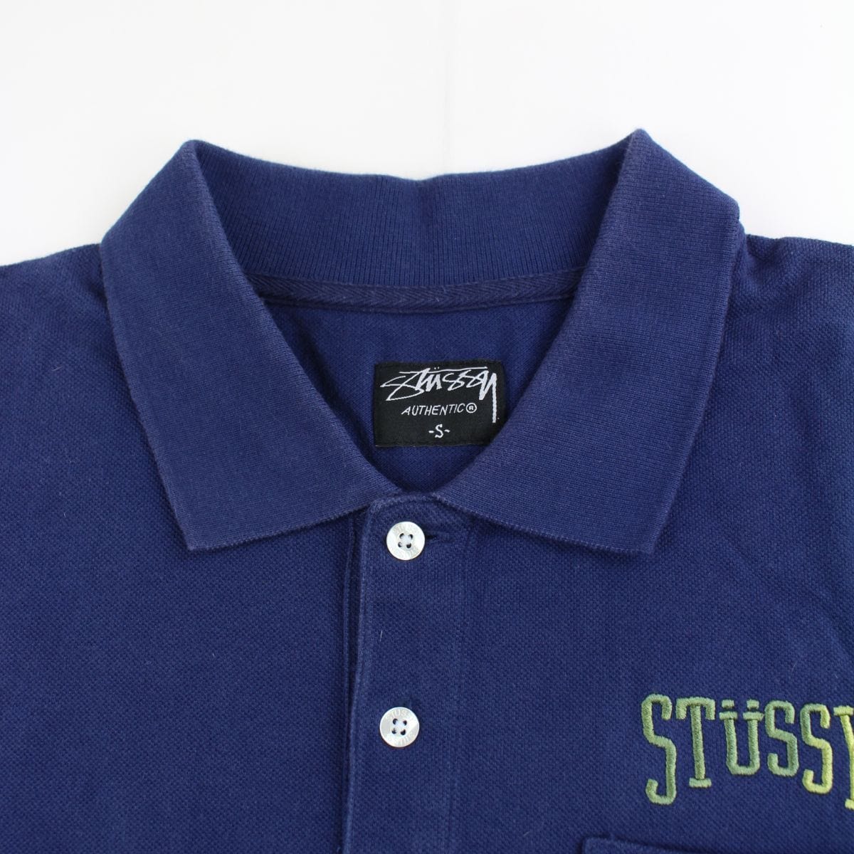 Stussy Green Text Polo Navy - SaruGeneral