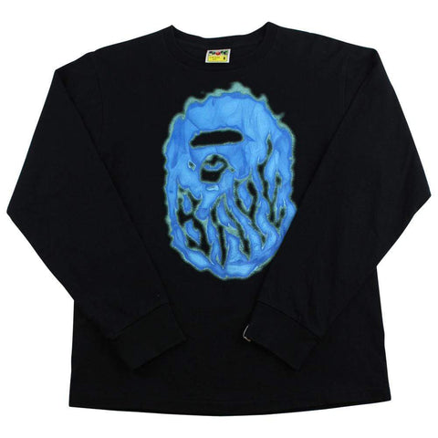 Bape Blue Flame Big Ape Logo LS Black