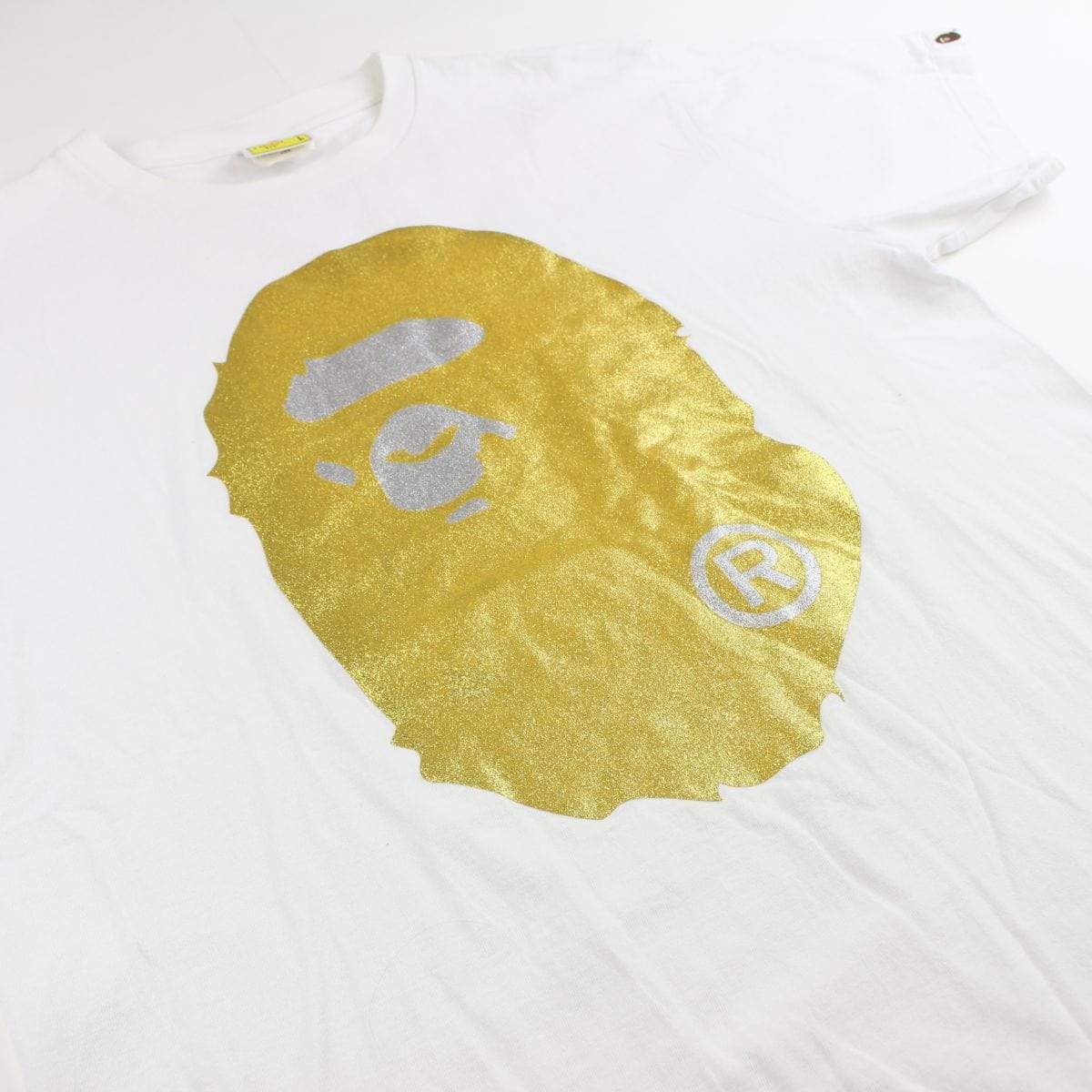 Bape Gold Glitter Big Ape Logo Tee White - SaruGeneral