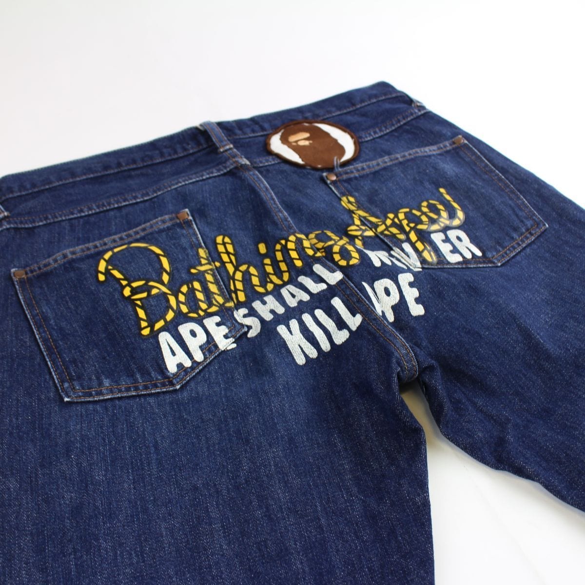 Bape Yellow Rope Text Denim Jeans - SaruGeneral