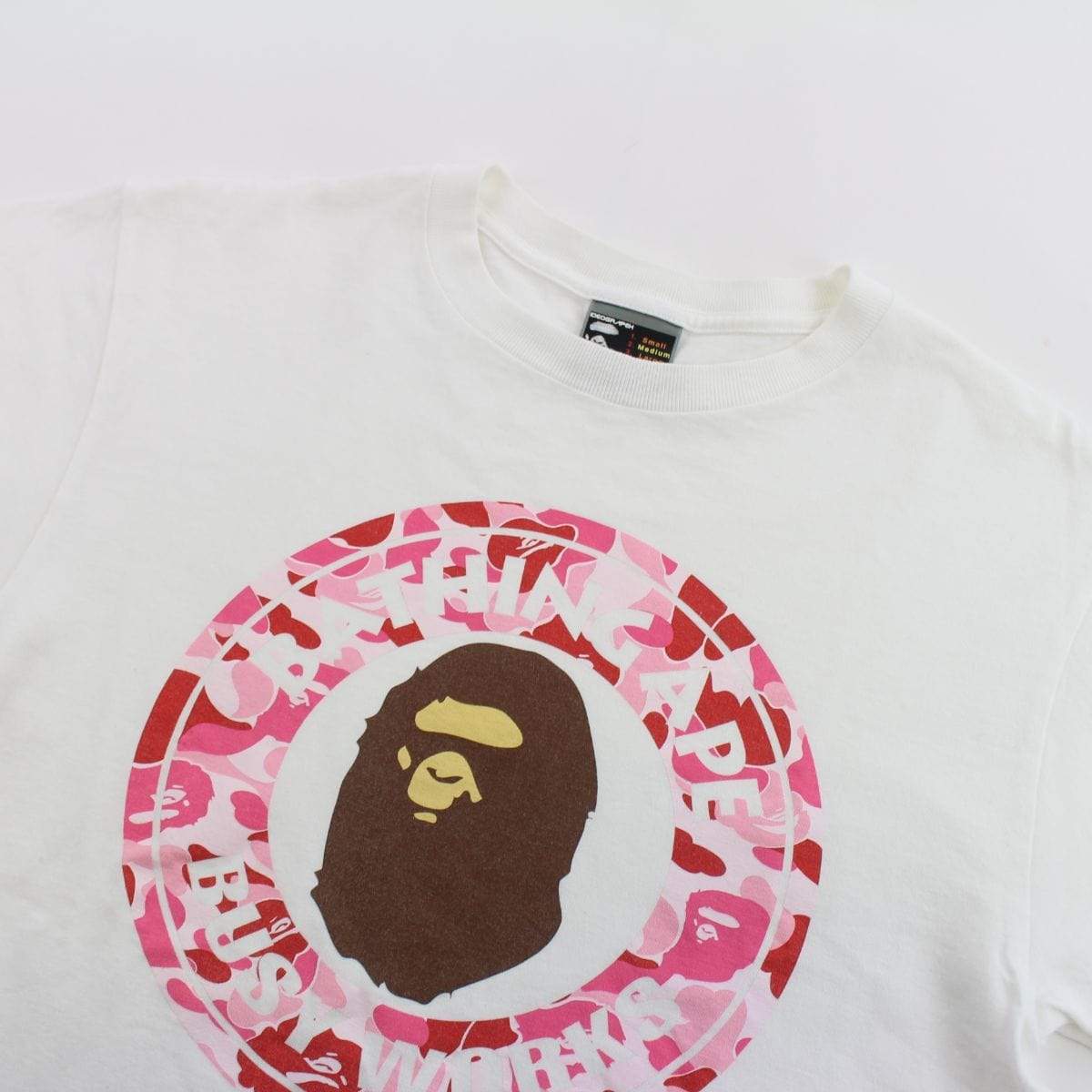 Bape Pink Camo Busy Works Logo Tee White - SaruGeneral