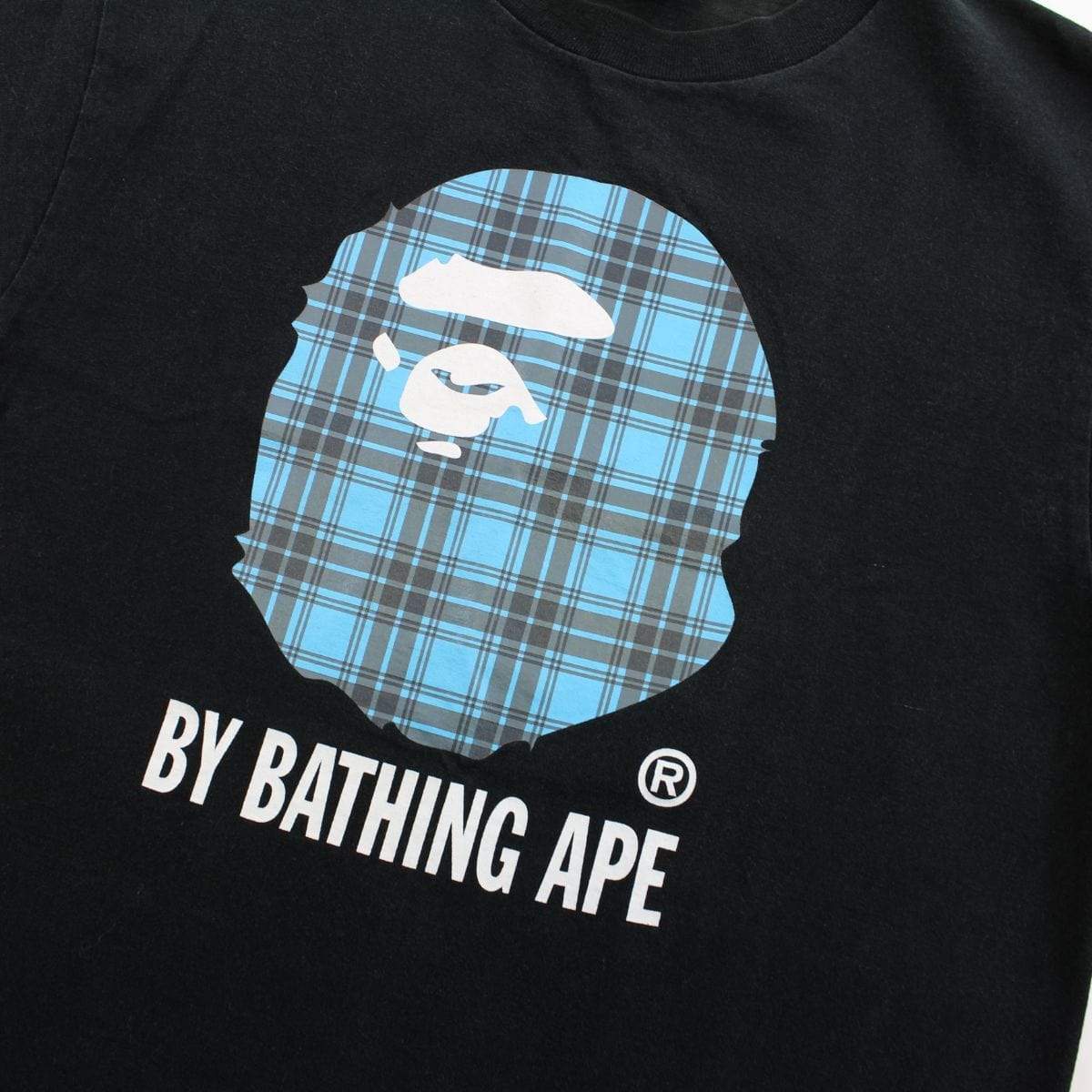 Bape Blue Plaid Big Ape Logo Tee Black - SaruGeneral