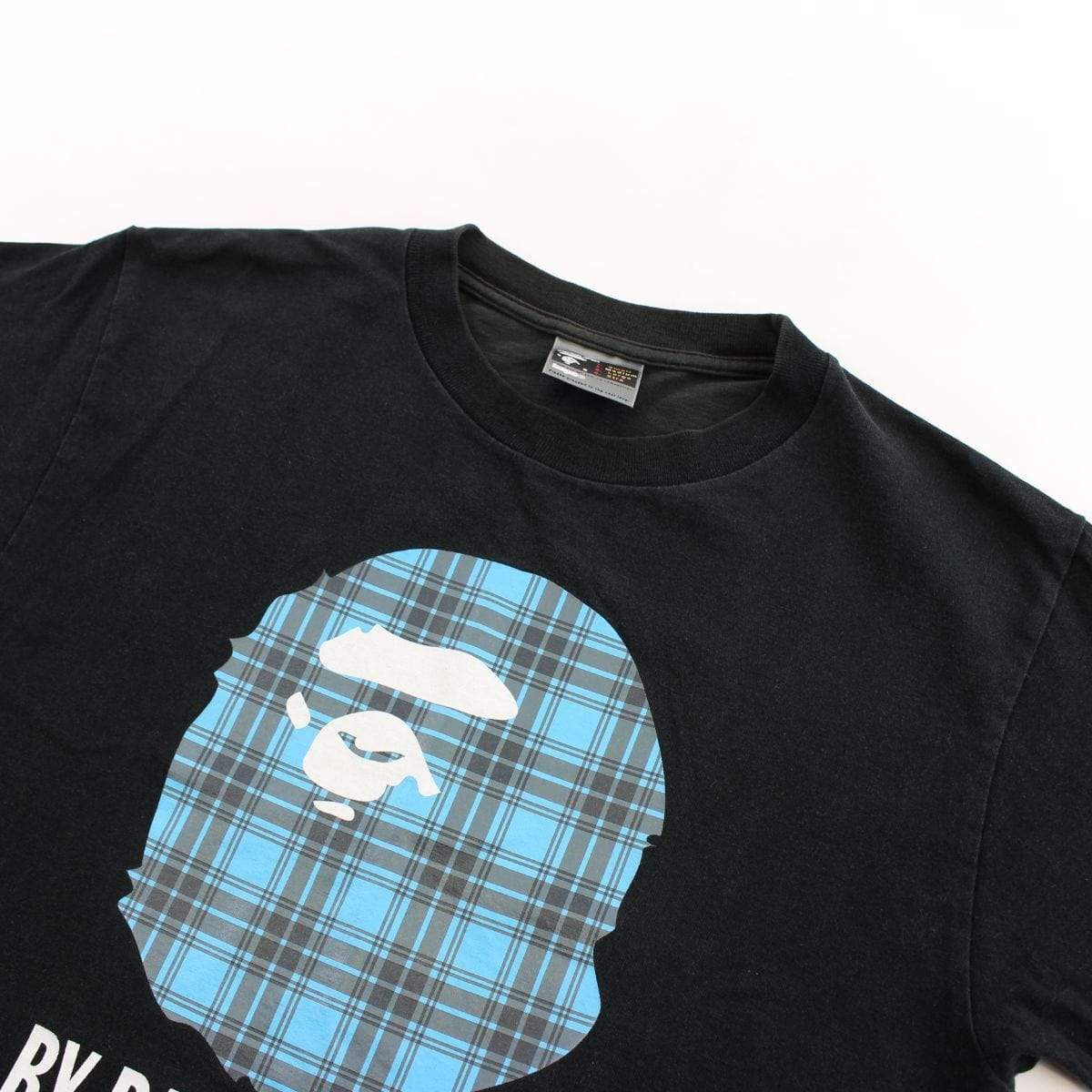 Bape Blue Plaid Big Ape Logo Tee Black - SaruGeneral