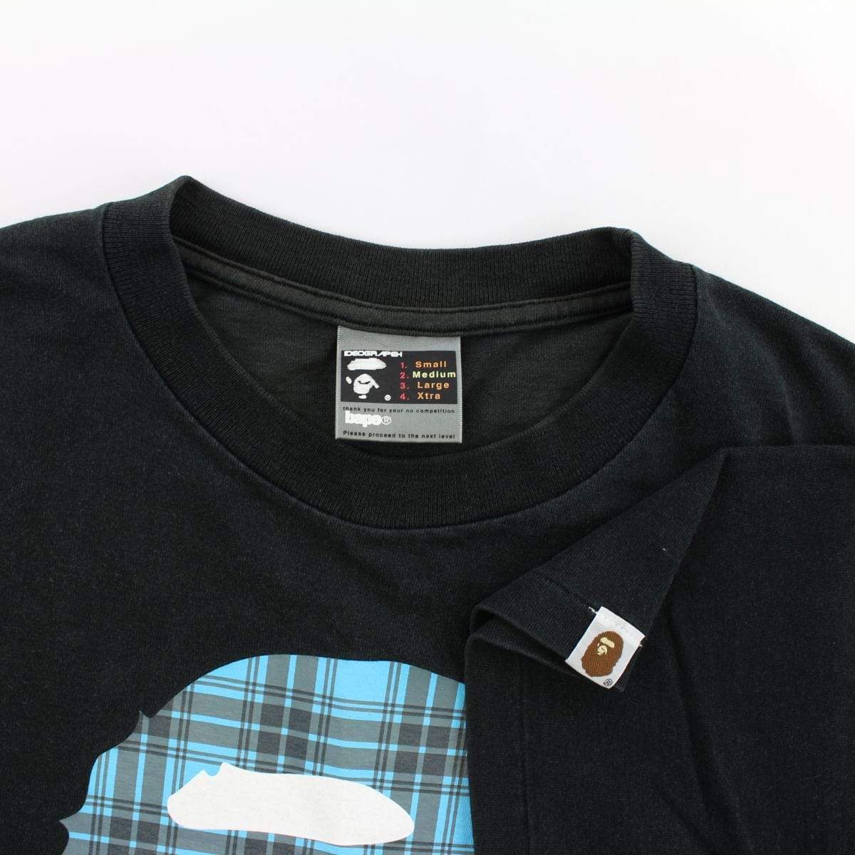 Bape Blue Plaid Big Ape Logo Tee Black - SaruGeneral