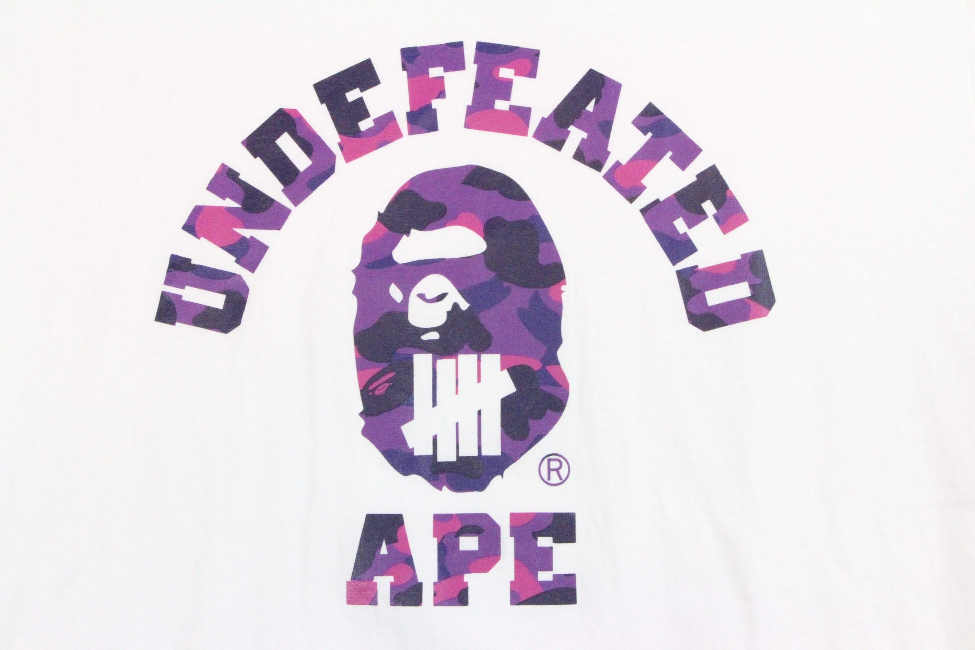 Bape x Undeafeated Purple Camo College Logo Tee White - SaruGeneral