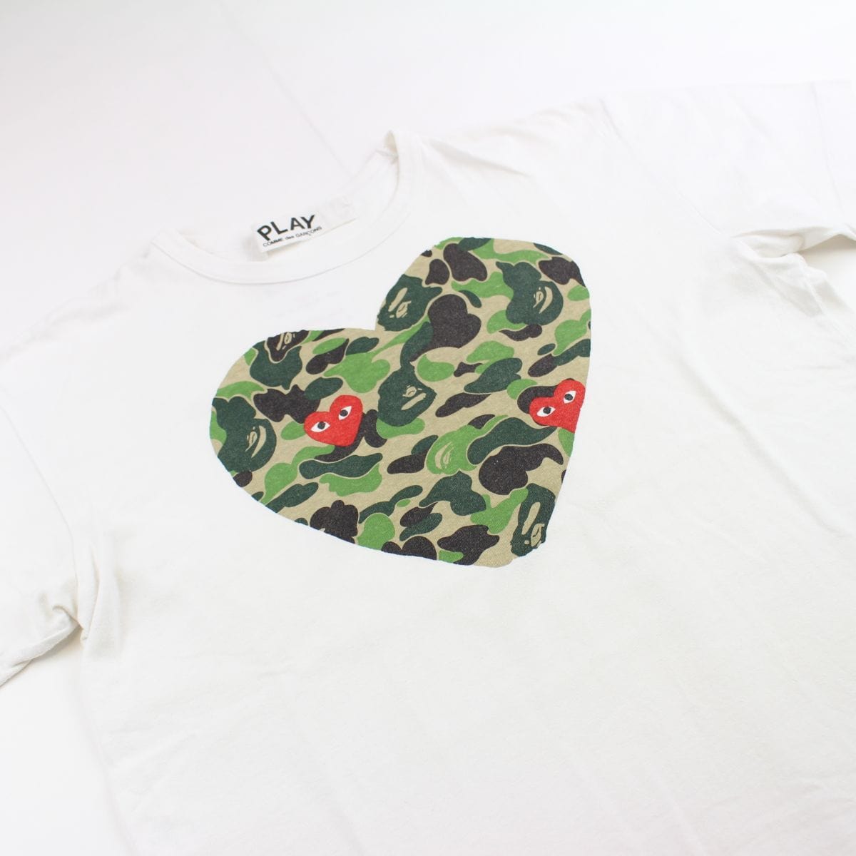 Bape x CDG Green Camo Heart Tee White - SARUUK