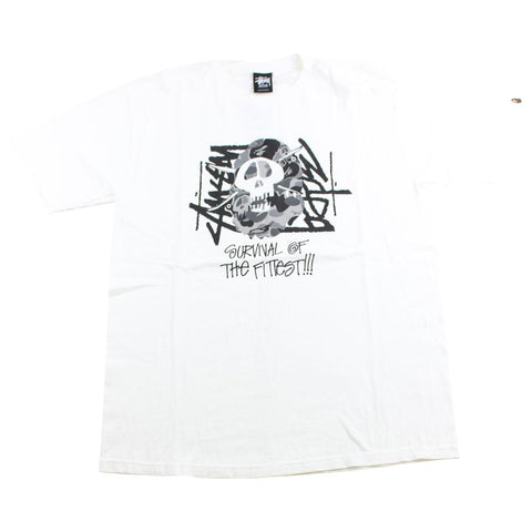 Bape x Stussy Grey Camo Survival of the Fittest Tee White