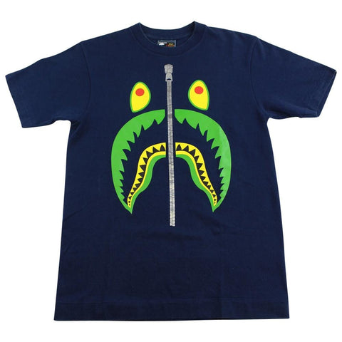 Bape Green & Yellow Shark Face Tee Navy