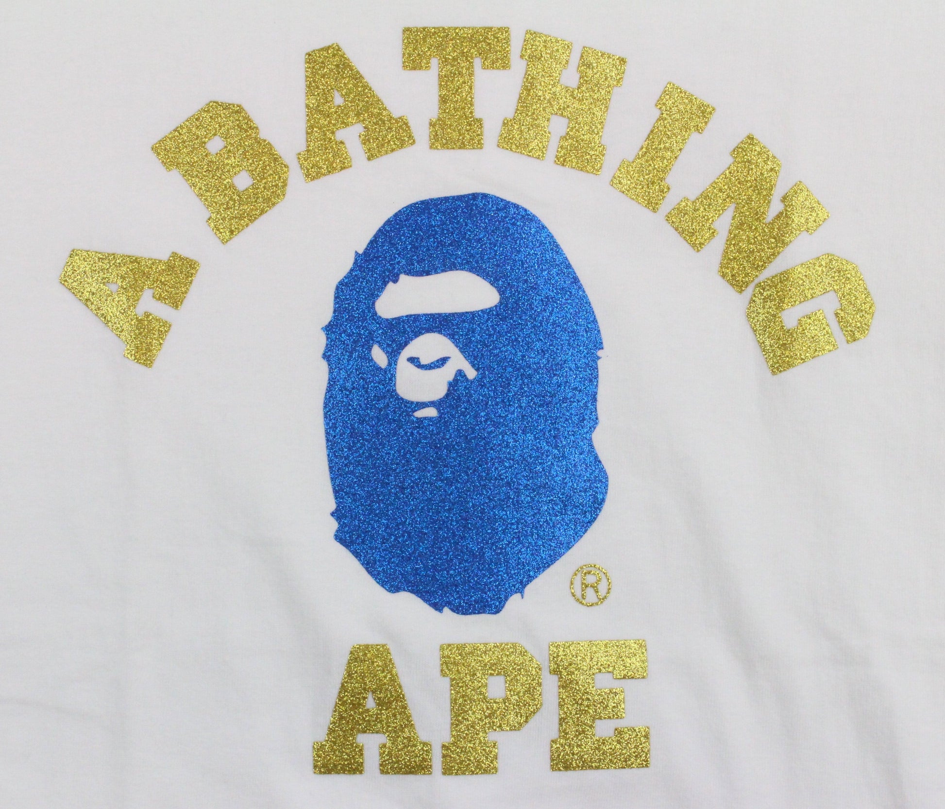 Bape Blue Gold Glitter College Logo Tee White - SaruGeneral