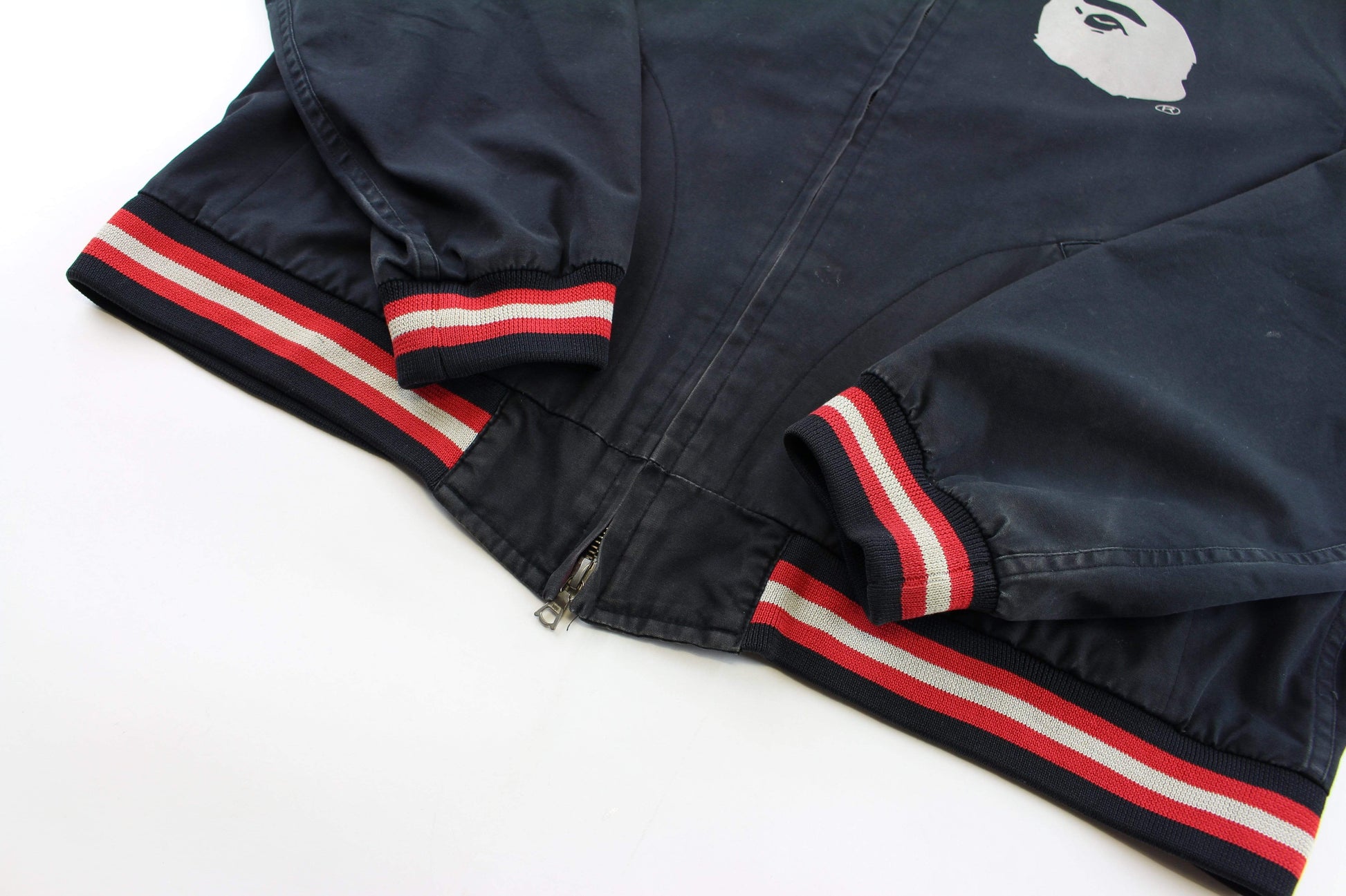 Bape Silver Big Ape Logo Bomber Jacket Navy Red White Trim - SaruGeneral