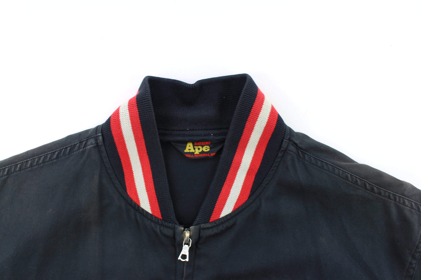 Bape Silver Big Ape Logo Bomber Jacket Navy Red White Trim - SaruGeneral