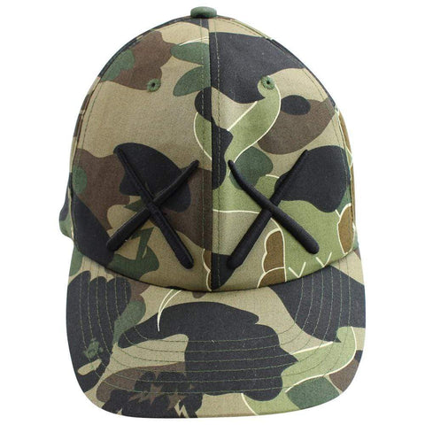 bape x kaws 1st green camo fitted trucker