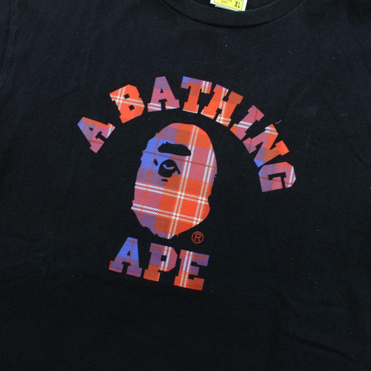 Bape Blue Red Plaid College logo Tee Black - SaruGeneral