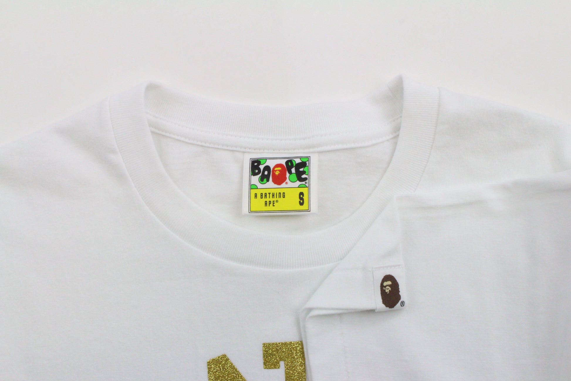 Bape Blue Gold Glitter College Logo Tee White - SaruGeneral