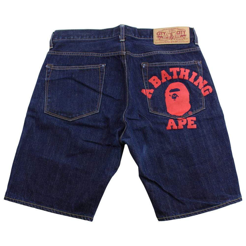 Bape Red College Logo jean shorts - SaruGeneral