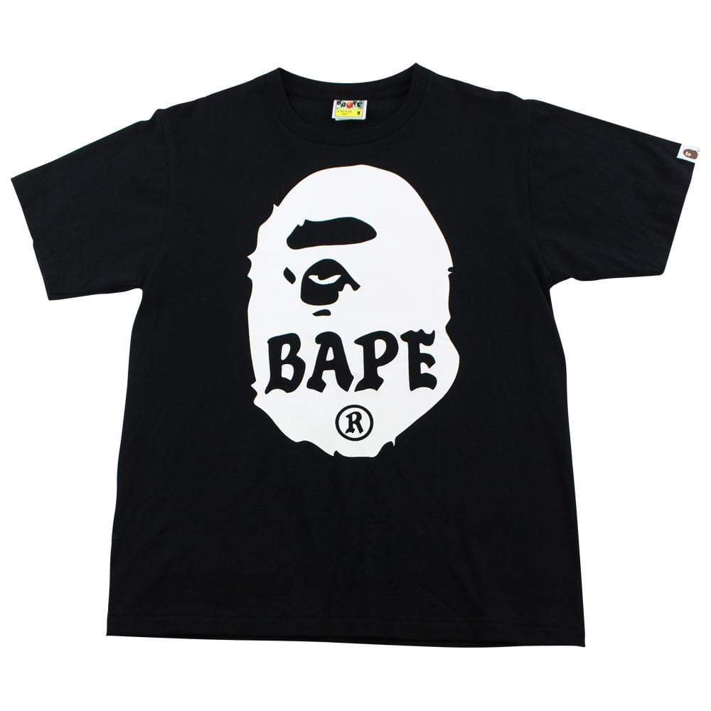 Bape White Big Ape Logo Text Tee Black - SaruGeneral