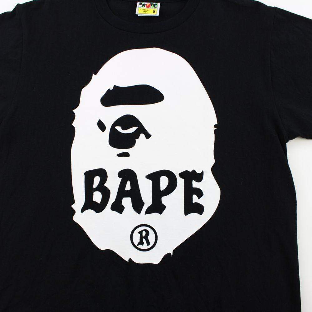 Bape White Big Ape Logo Text Tee Black - SaruGeneral