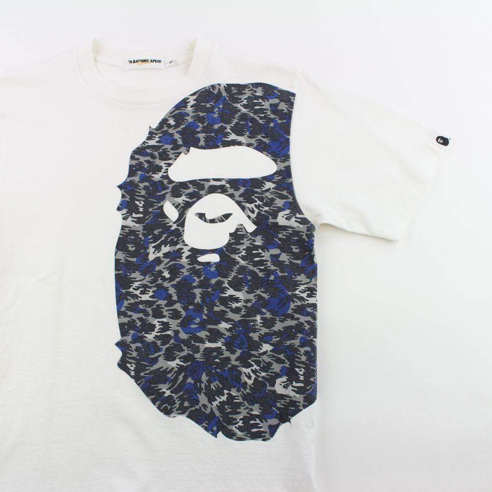 Bape Side Big Ape Blue Leopard Print Logo Tee White - SaruGeneral