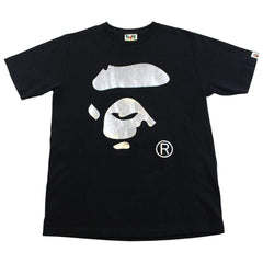 T-shirt Bape noir avec logo tête de singe en feuille d'argent