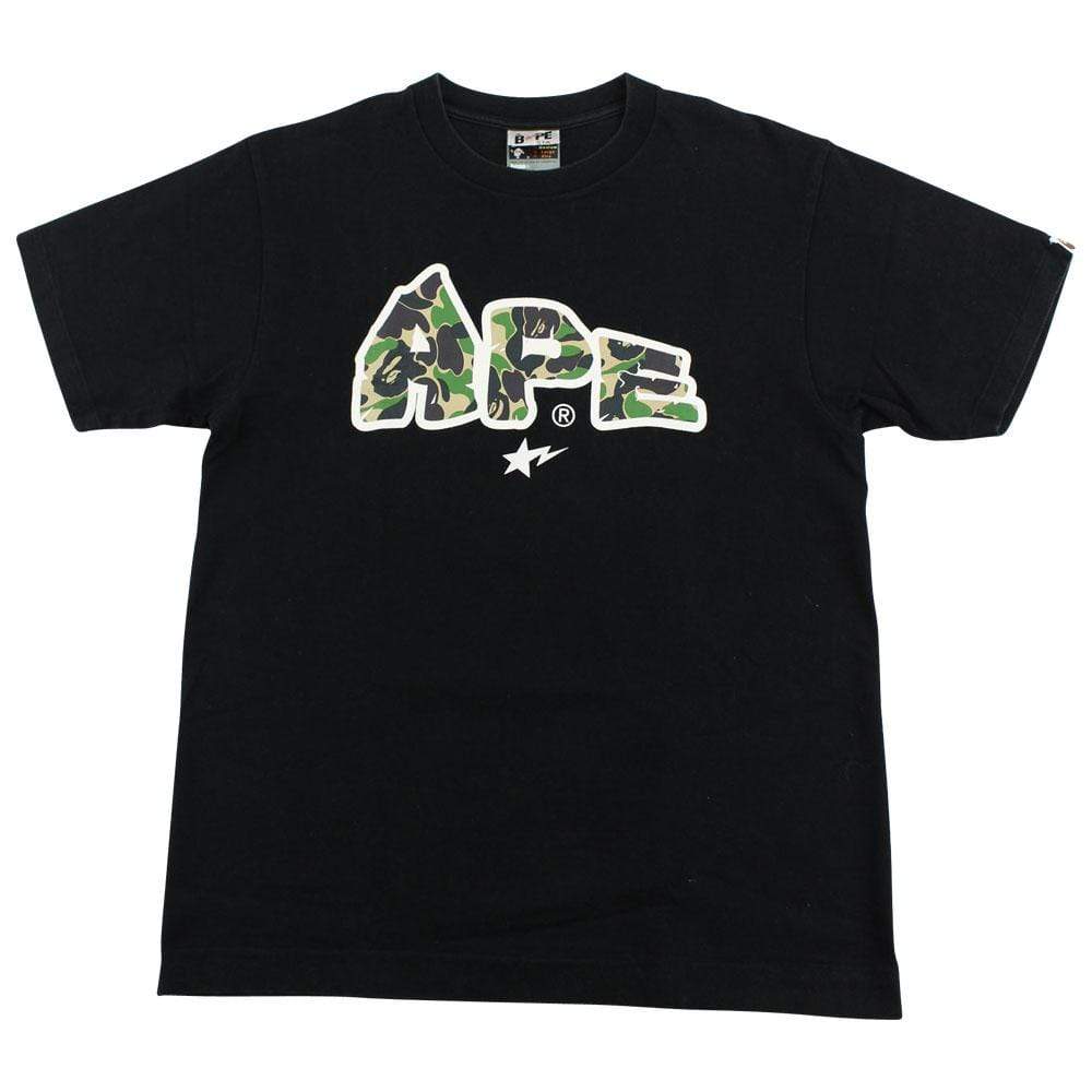 Bape ABC Green Camo Ape Text Logo Tee Black - SaruGeneral