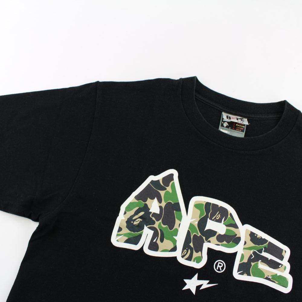 Bape ABC Green Camo Ape Text Logo Tee Black - SaruGeneral