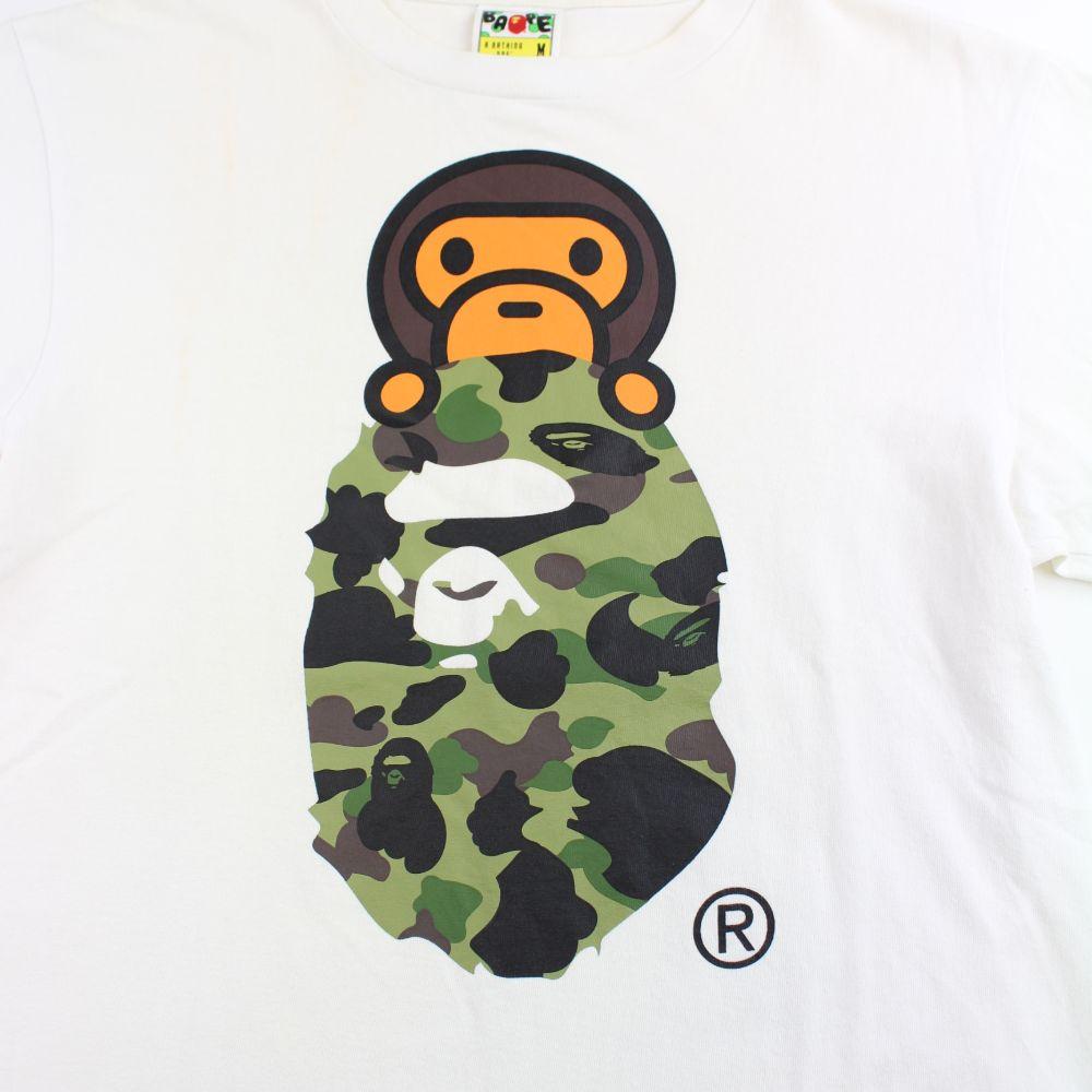 bape baby milo 1st green camo big ape logo tee white - SaruGeneral