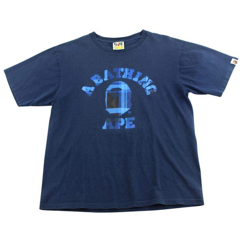 Bape Blue Plaid College Logo Tee Navy