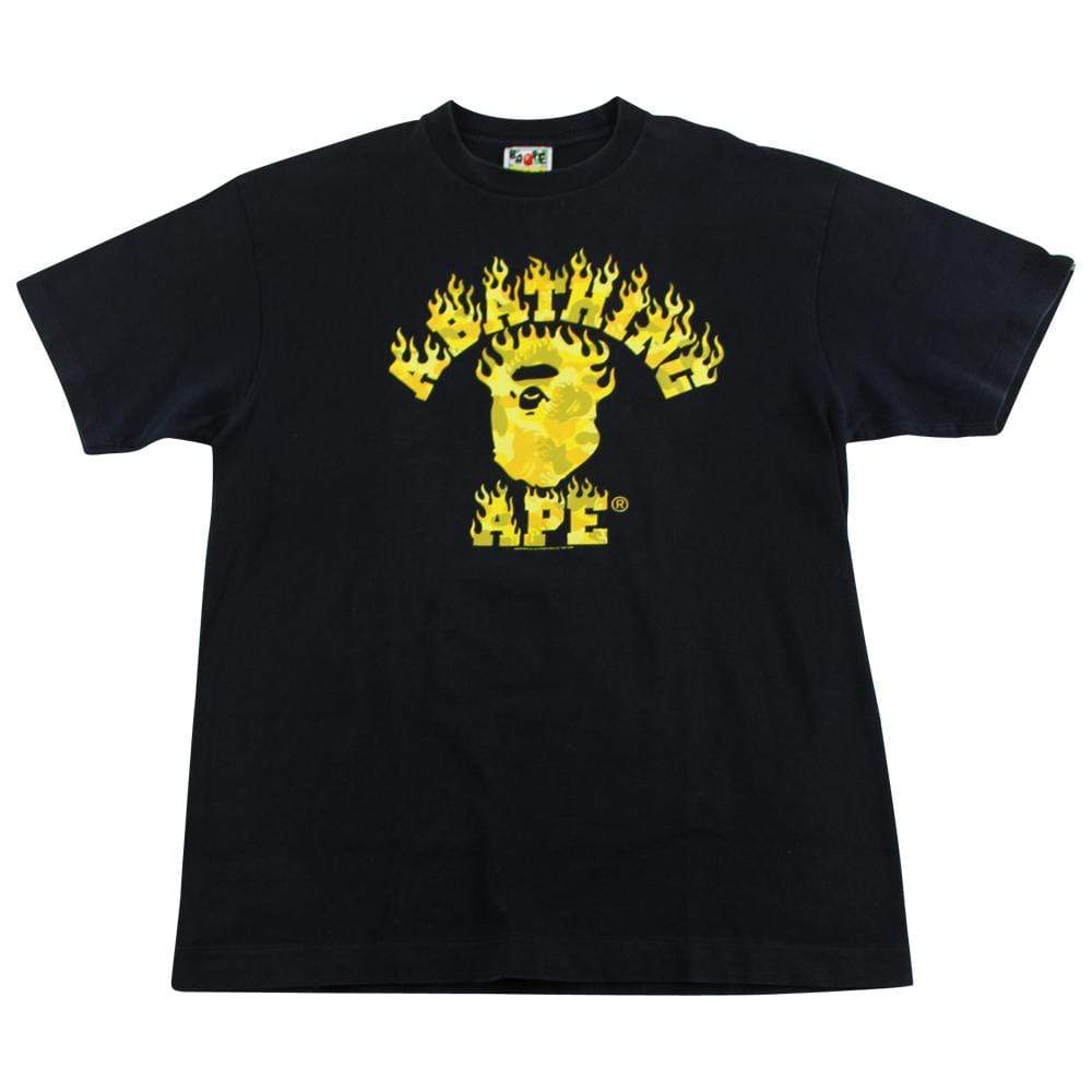 Bape Yellow Camo Flame College Logo Tee Black - SaruGeneral