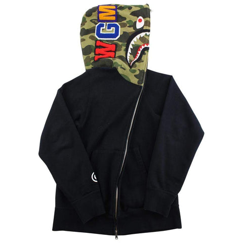 Bape 1st Green Camo Half Face Black Shark Hoodie Black