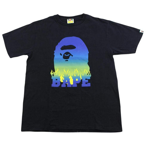 Bape Blue Yellow Gradient Flame Text Big Ape Logo Tee Black