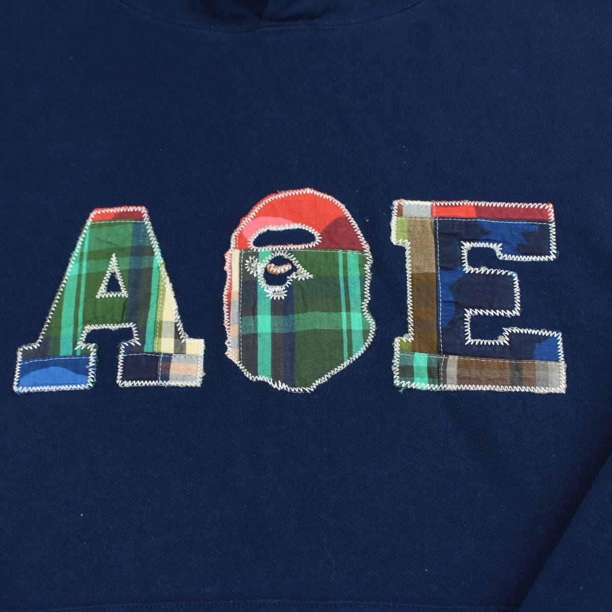 Bape patchwork ape logo hoodie navy - SaruGeneral