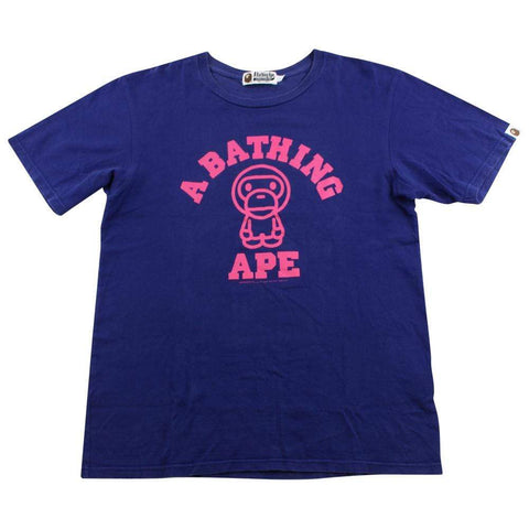 Bape Pink Milo Figure College Logo Tee Navy