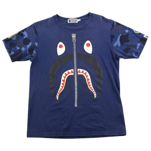 Bape Black Shark Face Blue Camo Sleeves Tee Blue