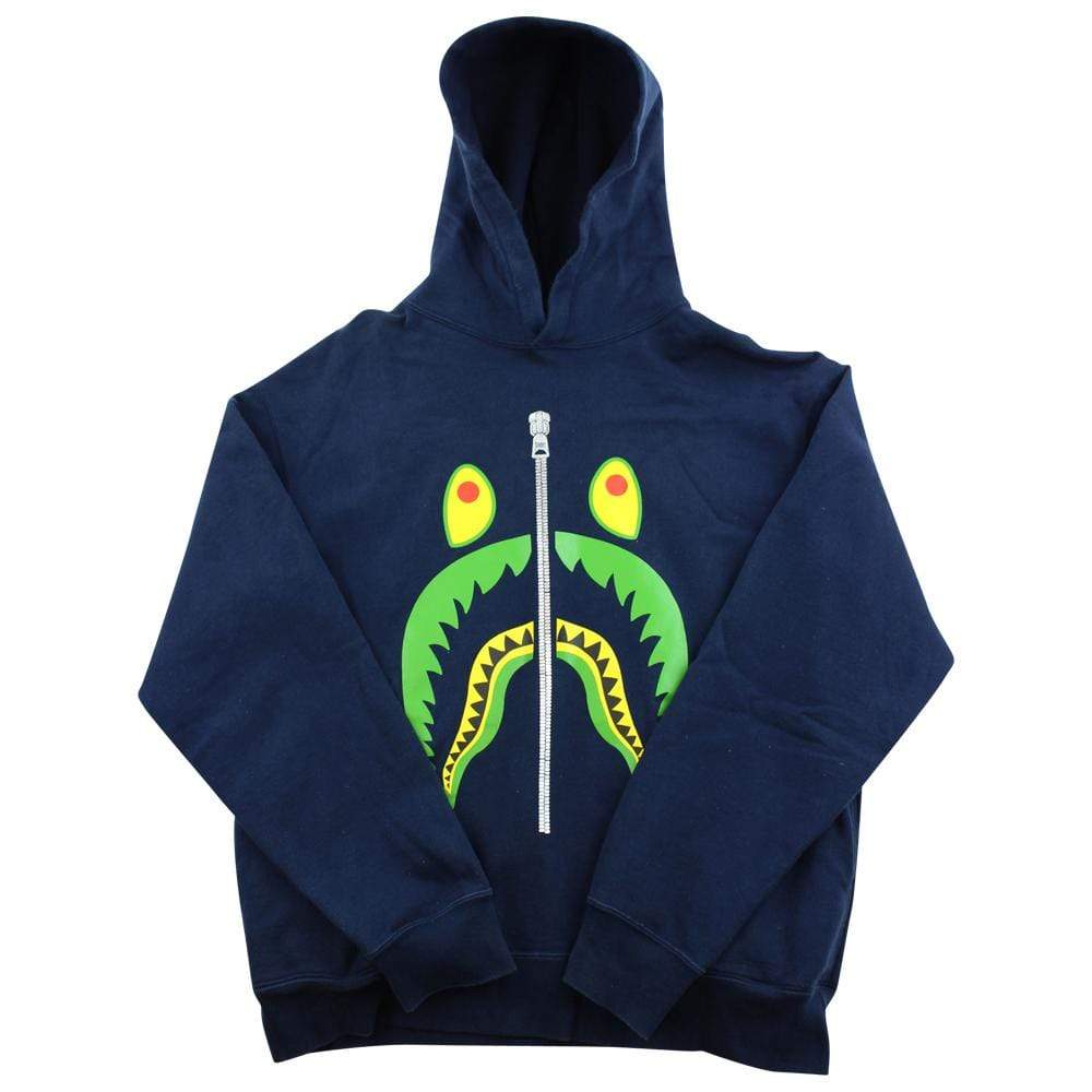 Bape Green Yellow Shark Face Pullover Hoodie Navy - SaruGeneral