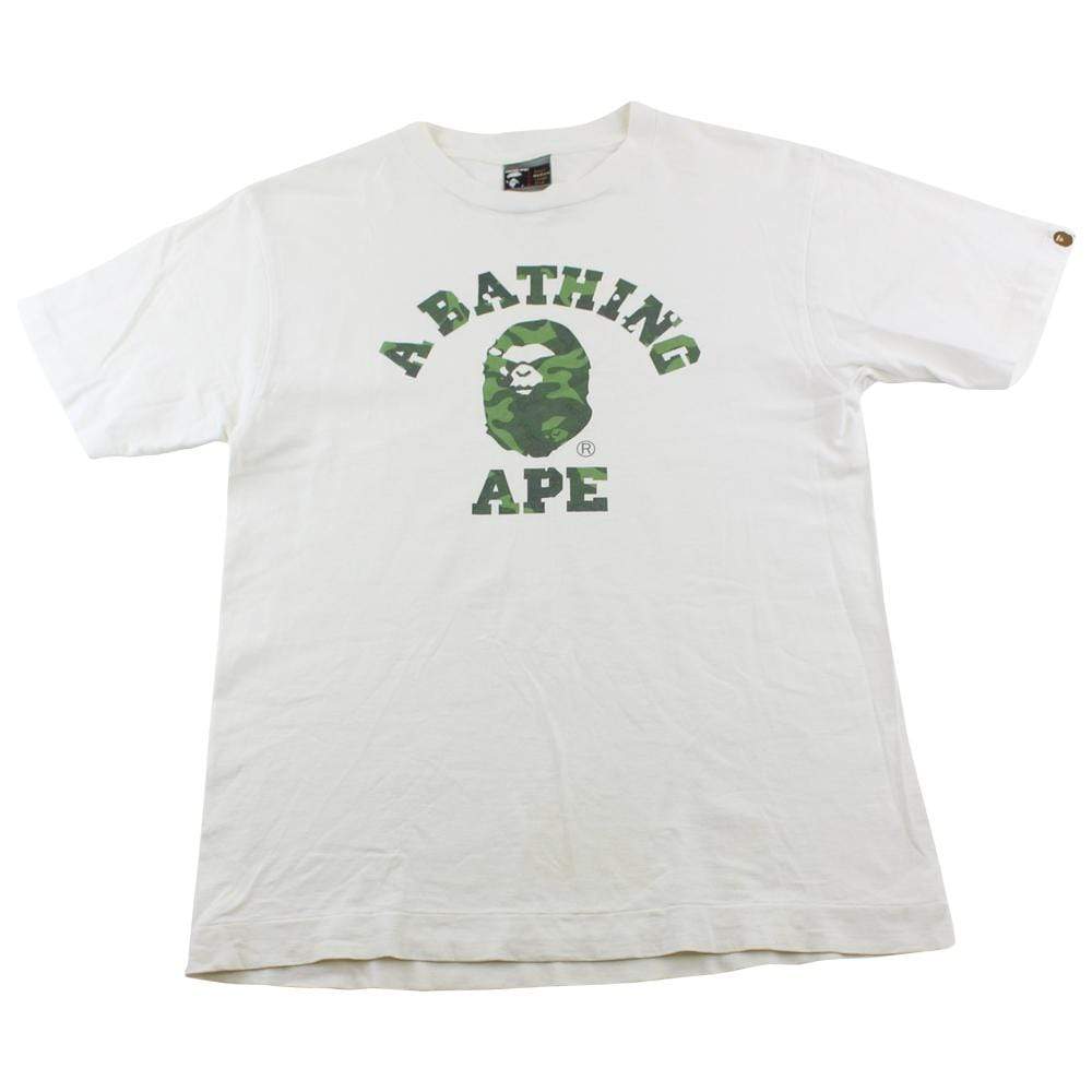 Bape Green Camo Angry Face College Logo Tee White - SaruGeneral