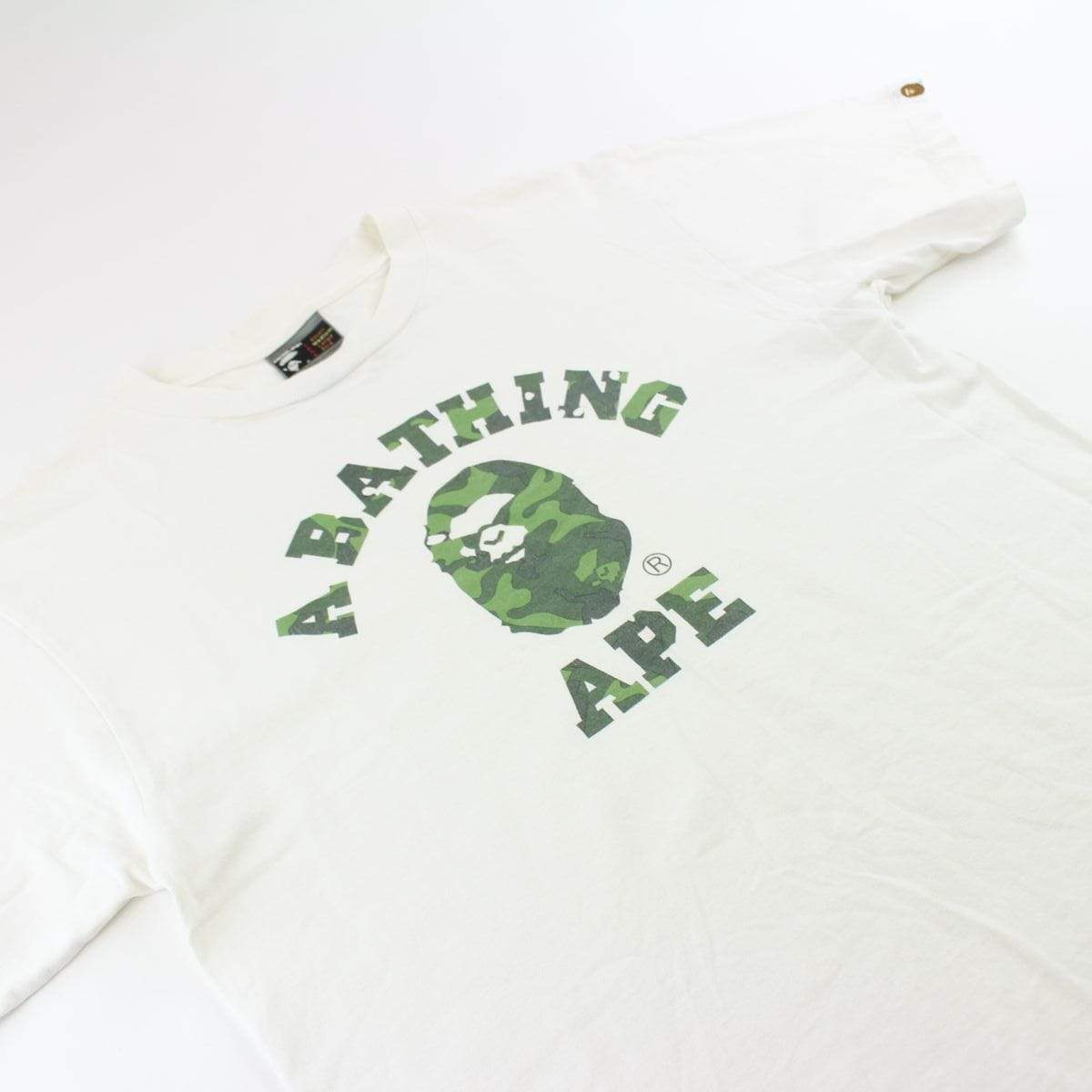 Bape Green Camo Angry Face College Logo Tee White - SaruGeneral