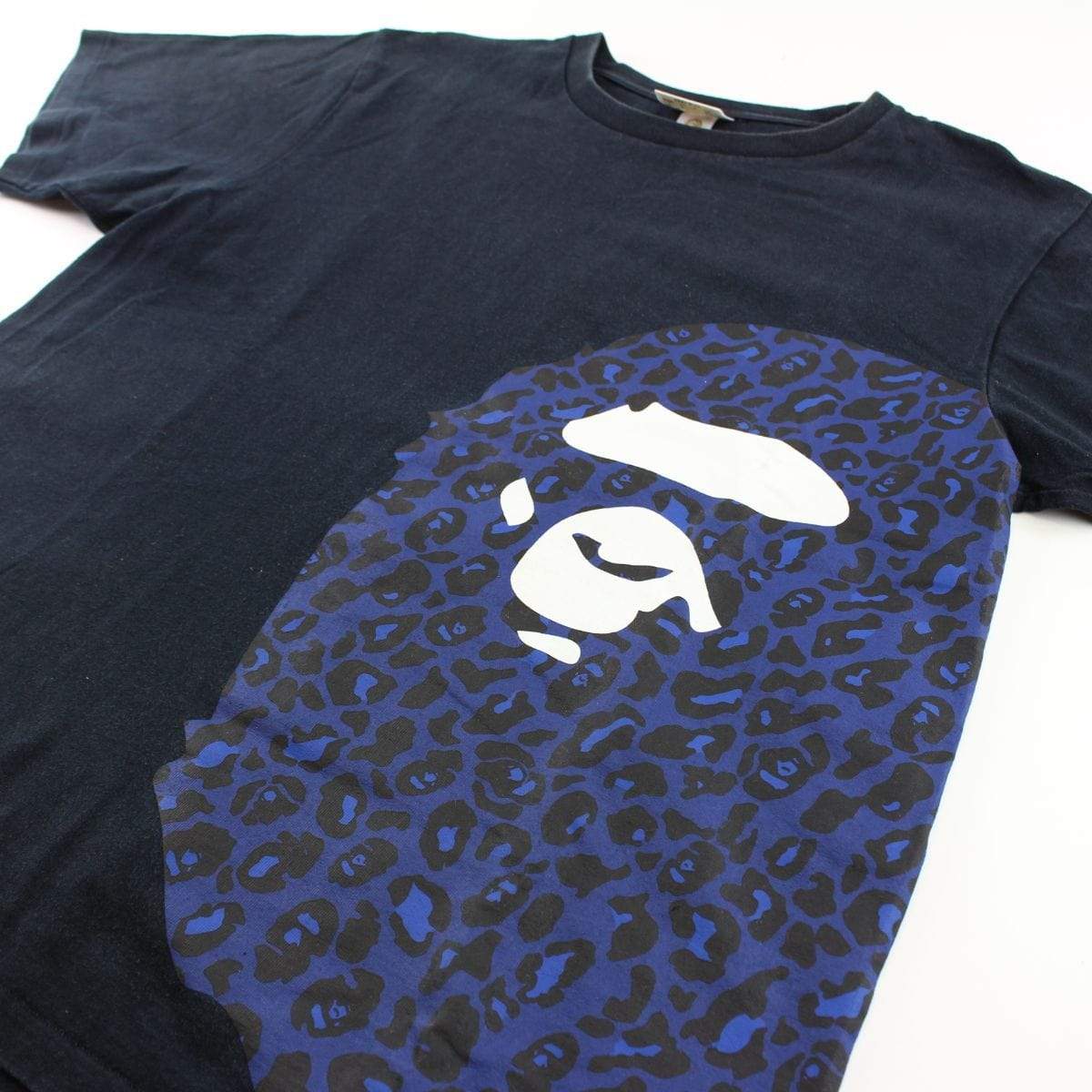 Bape Blue Leopard Print Side Big Ape Logo Tee Black - SaruGeneral