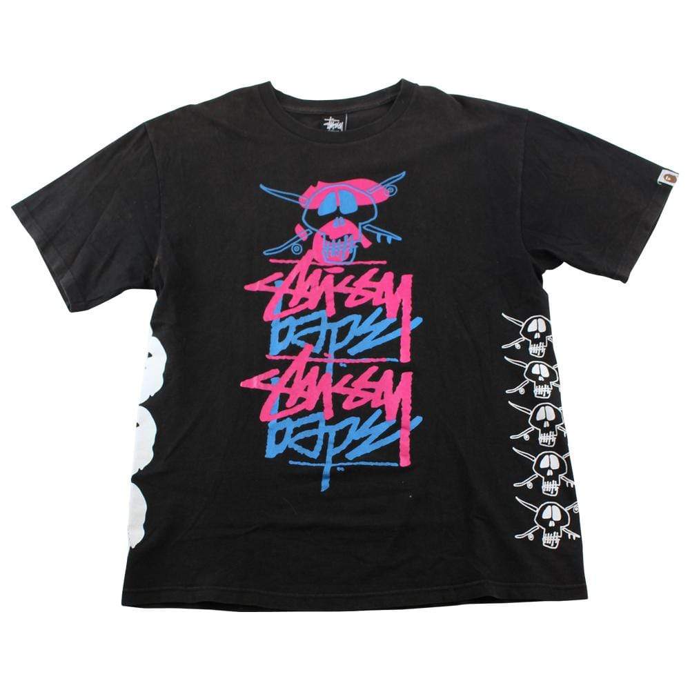 Bape x Stussy Overlay PINK BLUE Logo Tee Black - SaruGeneral