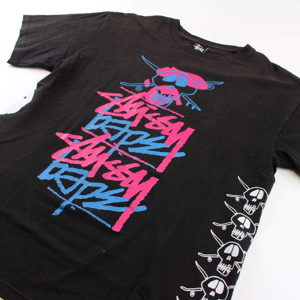 Bape x Stussy Overlay PINK BLUE Logo Tee Black - SaruGeneral