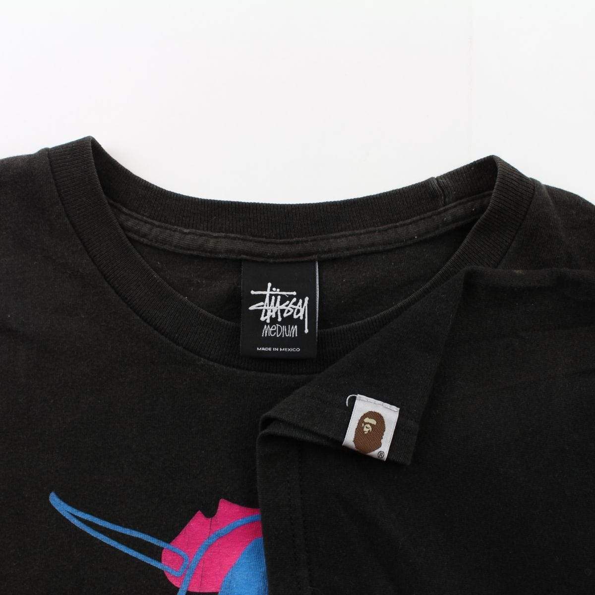 Bape x Stussy Overlay PINK BLUE Logo Tee Black - SaruGeneral